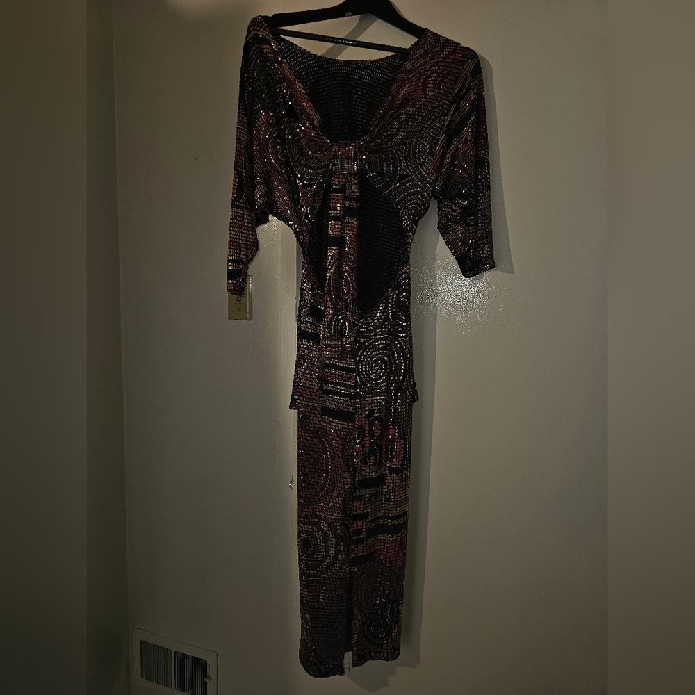VINTAGE 1980's Janine Hand Painted Metallic Mosaic Runway Dress ITALY S - Picture 5 of 11